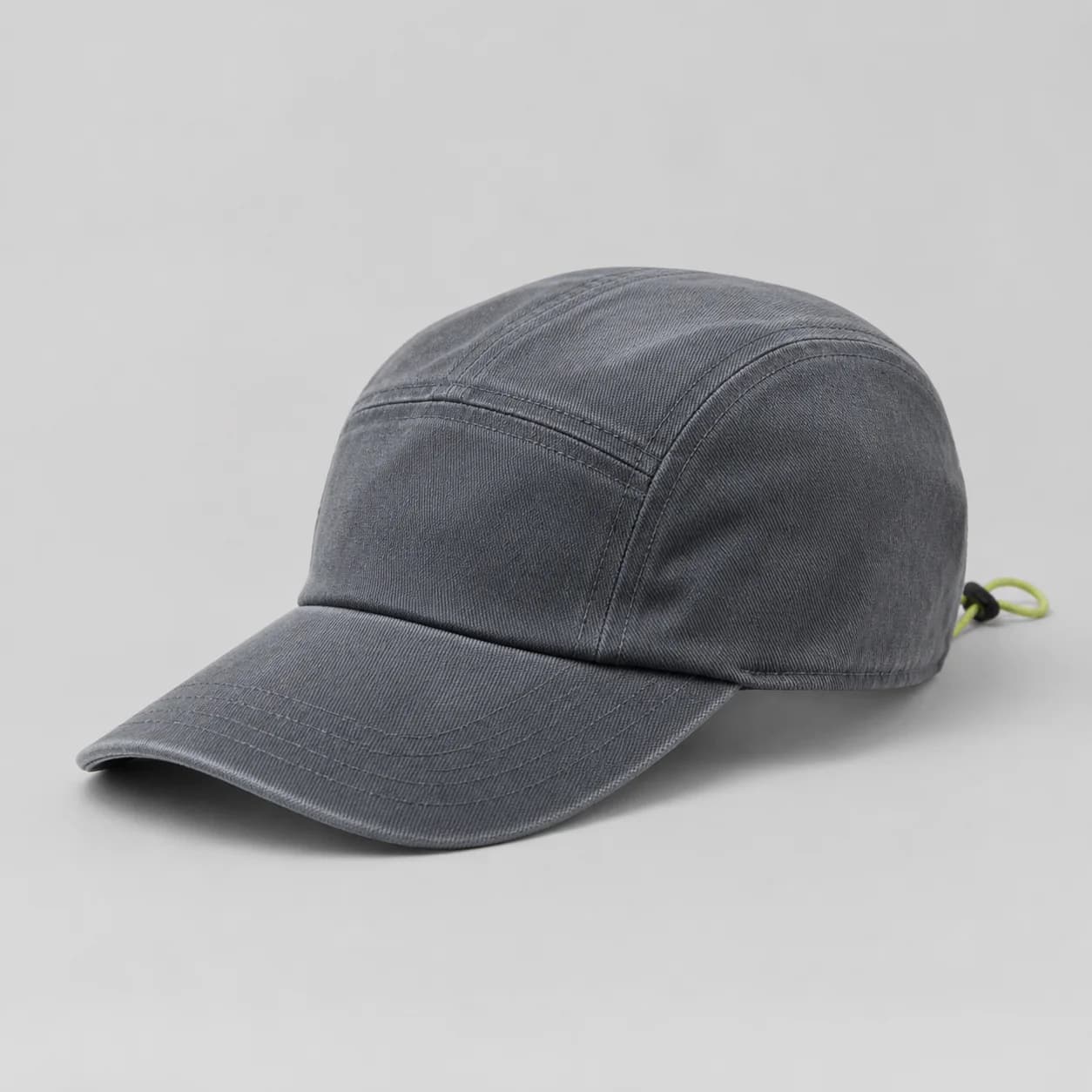 Faded slate five-panel cap in three-quarter view